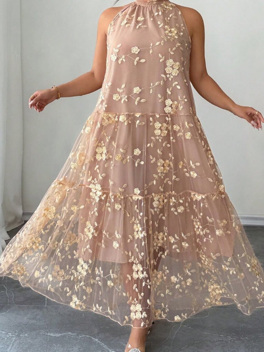 Champagne Boho Women's Plus Size Halter Dress with Sparkling Floral Embroidery